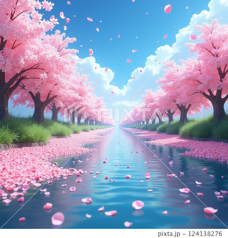 風に乗って踊る桜の幻想的な風景 124138276