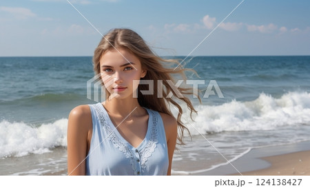 海岸でポーズをとる少女 124138427