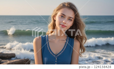 海岸でポーズをとる少女 124138428