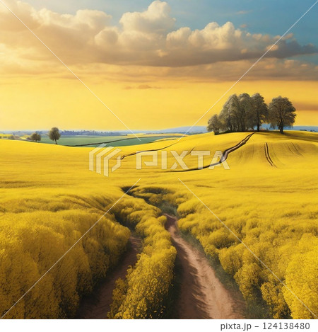 春の訪れを告げる菜の花畑の風景 春の訪れを告げる菜の花畑の風景 124138480