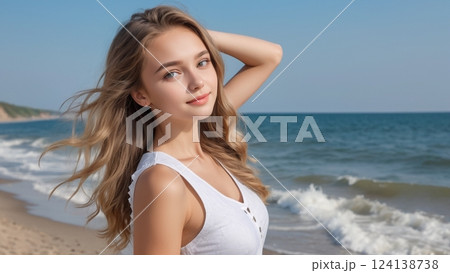 美しい海岸の女性 124138738