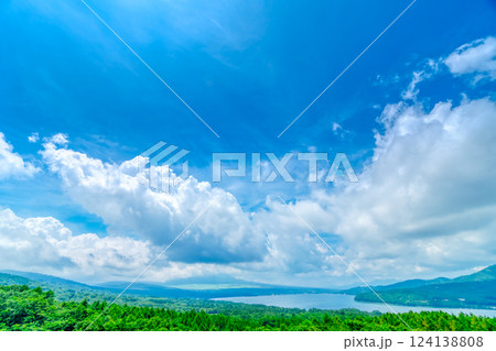 夏空と緑の山麓・山梨県 山中湖 夏空と緑の山麓・山梨県 山中湖 124138808