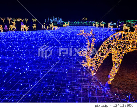 Meadow covered with blue glowing and flashing garland and LED figure of deer made of yellow glowing garland on metal frame. LED figure deer outdoor at night. New Year Christmas illumination decoration 124138900