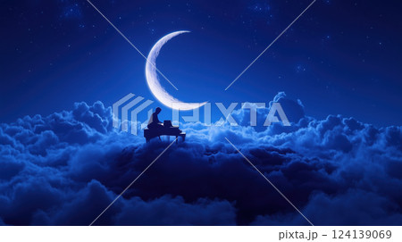 pianist plays grand piano on cloud under crescent moon in dreamy night sky 124139069
