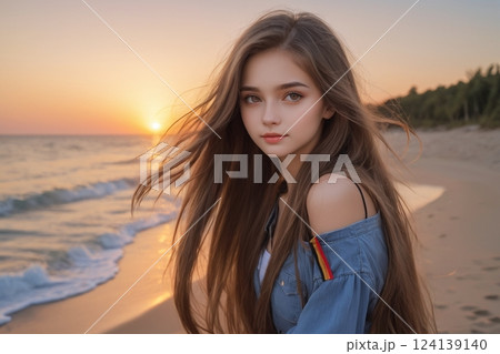 夕日に染まる海岸を歩く女性 124139140