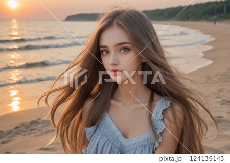 夕日に染まる海岸を歩く女性 124139143