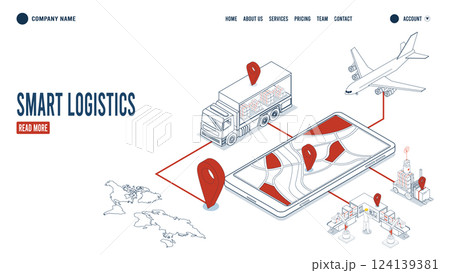 3D isometric template showcasing smart logistics solutions that integrate delivery robots, warehouse management systems, and transportation to optimize the entire supply chain process. 3D isometric template showcasing smart logistics solutions that integrate delivery robots, warehouse management systems, and transportation to optimize the entire supply chain process. 124139381