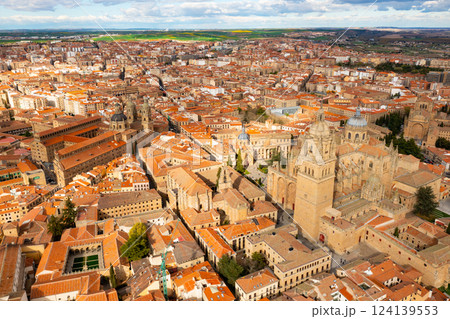 Drone view of historic area of Salamanca with cathedral and La Clerecia 124139553