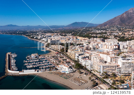 Aerial drone perspective of beautiful over luxury Puerto Banus Bay in Marbella. Spain 124139578