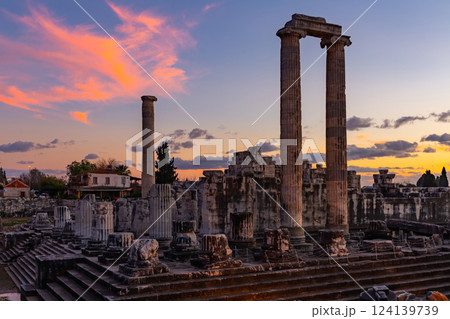 Ruined temple of Apollo in Turkish town Didim at sunset Ruined temple of Apollo in Turkish town Didim at sunset 124139739