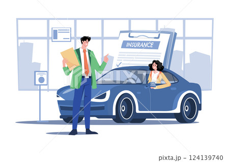 Beautiful Young Woman In A Red Car Is Talking To A Car Insurance Salesman 124139740