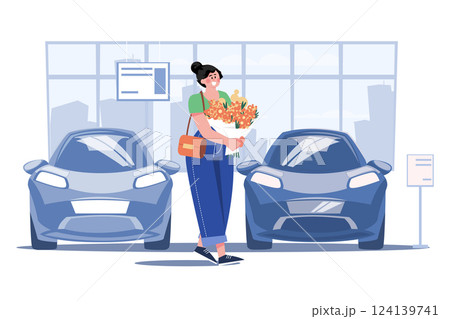 Woman With Flowers In A Car Showroom 124139741