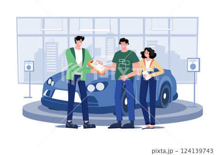Car Dealer Explaining Sales Contract To A Couple Buying A Car 124139743