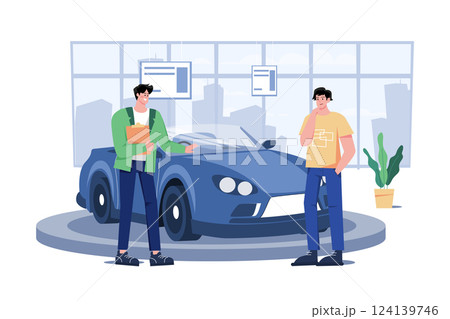 Salesperson Showing The Vehicle To A Potential Customer In The Dealership Salesperson Showing The Vehicle To A Potential Customer In The Dealership 124139746