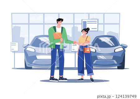 Car Dealership Seller Greeting Customer 124139749