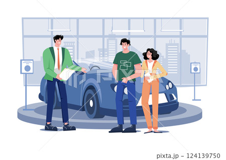 Salesman Talking To A Young Couple At The Dealership Showroom. 124139750