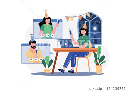 The Group Of Friends Video Calls To Celebrate New Year's Day 124139753