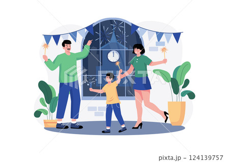 Family Greeting New Year's Eve With Flares 124139757