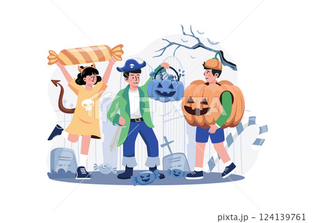 Three Children Dressed With Pumpkins. Halloween Concept. 124139761