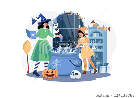 Mother And Daughter Are Preparing Food For The Halloween Party Mother And Daughter Are Preparing Food For The Halloween Party 124139765