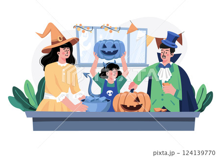 The Family Is Decorating For Halloween 124139770