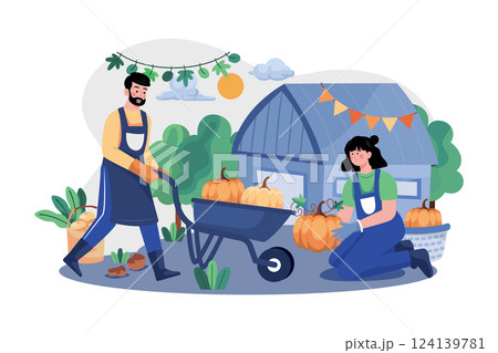 The Couple Is Preparing Pumpkins For Thanksgiving Day 124139781