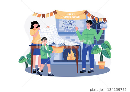 The Family Decorates For Thanksgiving Day Together 124139783