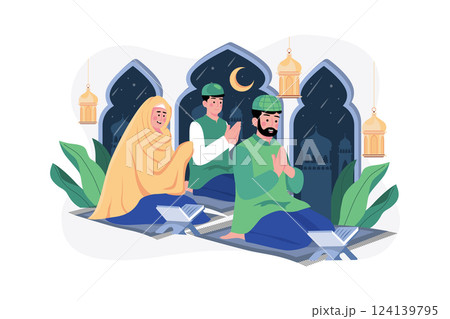 Muslim family reading Quran Illustration concept on white background Muslim family reading Quran Illustration concept on white background 124139795