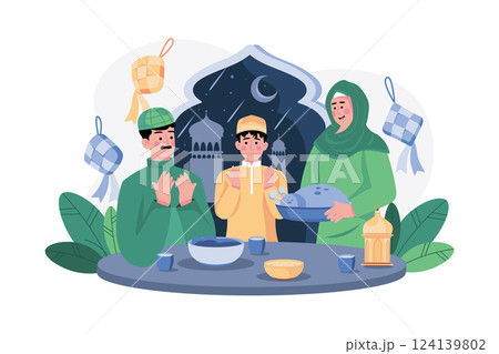 Muslim Family doing Eid prayer doing dinner 124139802
