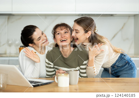 Women are sitting at computer and are immensely happy 124140185
