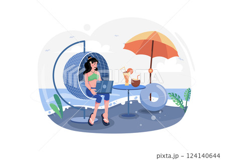 Girl Working On Vacation Illustration concept. A flat illustration isolated on white background 124140644