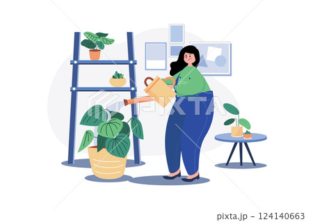 Woman caring for a houseplant Illustration concept. A flat illustration isolated on white background Woman caring for a houseplant Illustration concept. A flat illustration isolated on white background 124140663