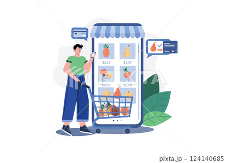 Man shopping online Illustration concept. A flat illustration isolated on white background Man shopping online Illustration concept. A flat illustration isolated on white background 124140685