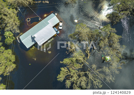 Flooded houses by hurricane Ian rainfall in Florida residential area. Consequences of natural disaster Flooded houses by hurricane Ian rainfall in Florida residential area. Consequences of natural disaster 124140829
