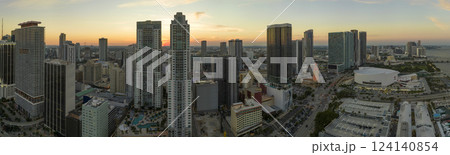 Evening urban landscape of downtown district of Miami Brickell in Florida, USA. Skyline with high skyscraper buildings in modern american megapolis 124140854