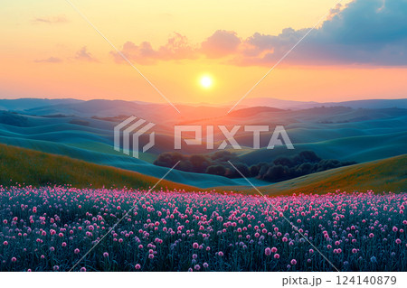 丘陵地帯に広がる花畑と美しい夕日 丘陵地帯に広がる花畑と美しい夕日 124140879