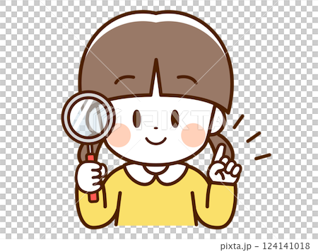 Child_girl with magnifying glass_pointing finger 124141018