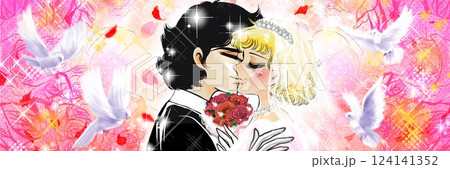 結婚を誓うカップルの口付けする昔の少女漫画風ワイドサイズイラスト薔薇園の背景 124141352
