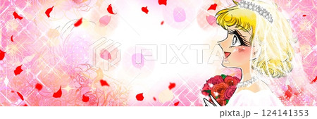 昭和少女漫画風薔薇のブーケを持ったウェディングドレス姿の金髪女性と薔薇の花園背景 124141353