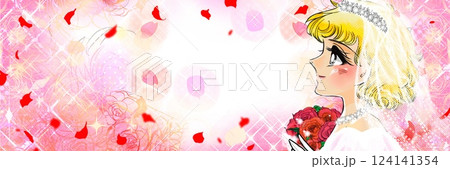 昭和少女漫画風薔薇のブーケを持ったウェディングドレス姿の金髪女性と薔薇の花園背景 124141354