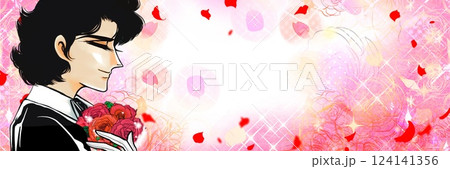 微笑む黒髪パーマイケメン男性が薔薇のブーケを手に持って求婚する昭和少女漫画風イラストと薔薇の花園背景 微笑む黒髪パーマイケメン男性が薔薇のブーケを手に持って求婚する昭和少女漫画風イラストと薔薇の花園背景 124141356