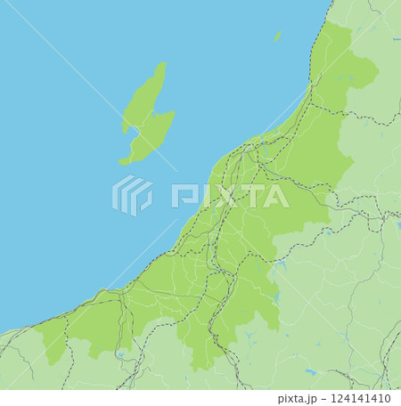 日本の新潟県と隣接する都道府県を含む、シンプルな緑色のロードマップ 124141410
