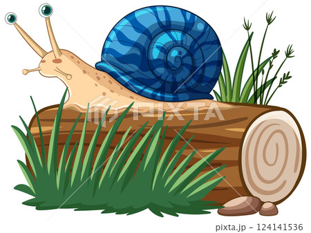 Colorful Snail on Log with Grass Illustration Colorful Snail on Log with Grass Illustration 124141536