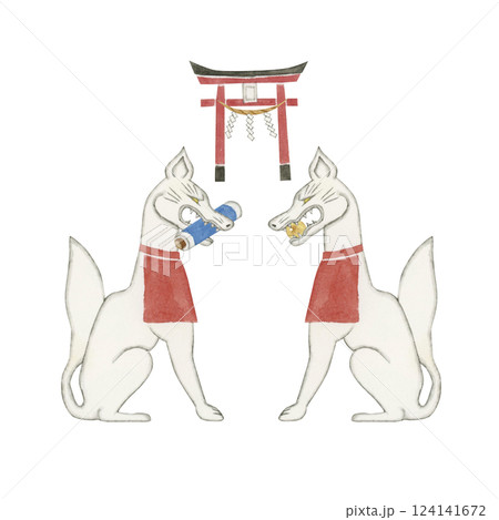 稲荷神の使い　狐 白狐　神獣 霊獣　水彩 イラスト 124141672