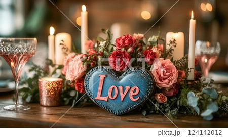 A heart shaped Love sign is nestled amidst a stunning floral centerpiece of pink and red roses, surrounded by glowing candles and elegant crystal glasses on a rustic wooden table. A heart shaped Love sign is nestled amidst a stunning floral centerpiece of pink and red roses, surrounded by glowing candles and elegant crystal glasses on a rustic wooden table. 124142012