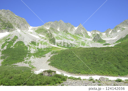 長野県北アルプス初夏の唐沢カールから望む穂高連峰 124142036
