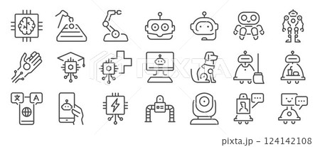 Robotic AI icon set. It includes robot, robo, automatic, mechanical, and more icons. Editable Vector Stroke. 124142108