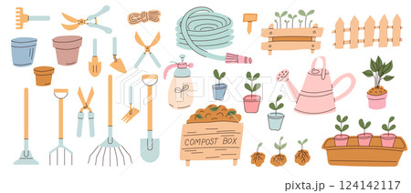 Gardening tools and supplies arranged on a light background showcasing various implements and plants for home gardening enthusiasts Gardening tools and supplies arranged on a light background showcasing various implements and plants for home gardening enthusiasts 124142117
