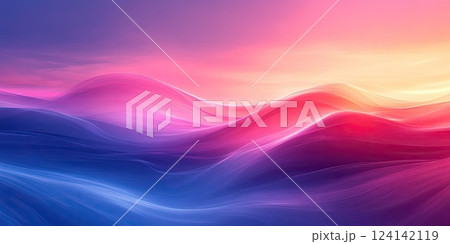Vibrant waves of color blend in a serene sunset over the ocean horizon creating a tranquil atmosphere 124142119