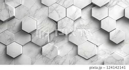 Modern hexagonal marble tile design creating a unique wall pattern in a contemporary interior space Modern hexagonal marble tile design creating a unique wall pattern in a contemporary interior space 124142141